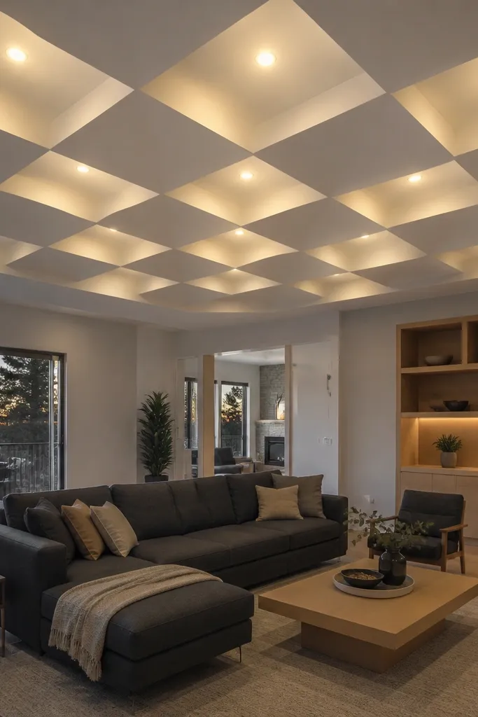 Ceiling with checkerboard recess pattern and alternating recessed lights