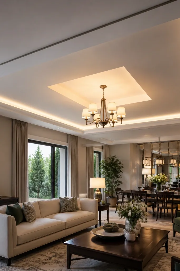 Minimal ceiling border with a centered recessed area for a chandelier