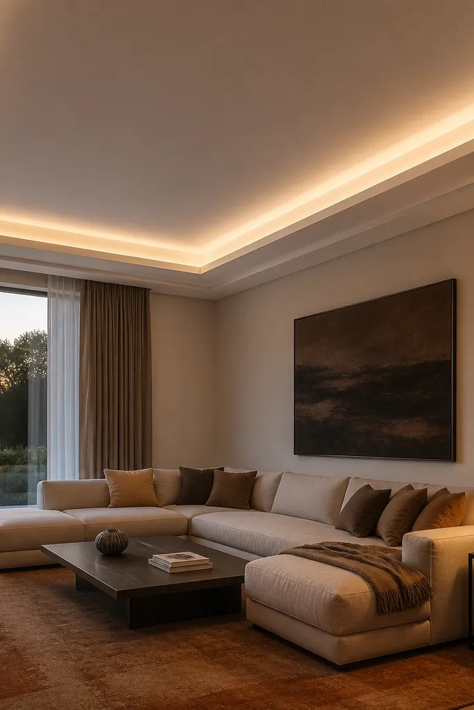 Ceiling with two-layer cove lights creating a soft double glow