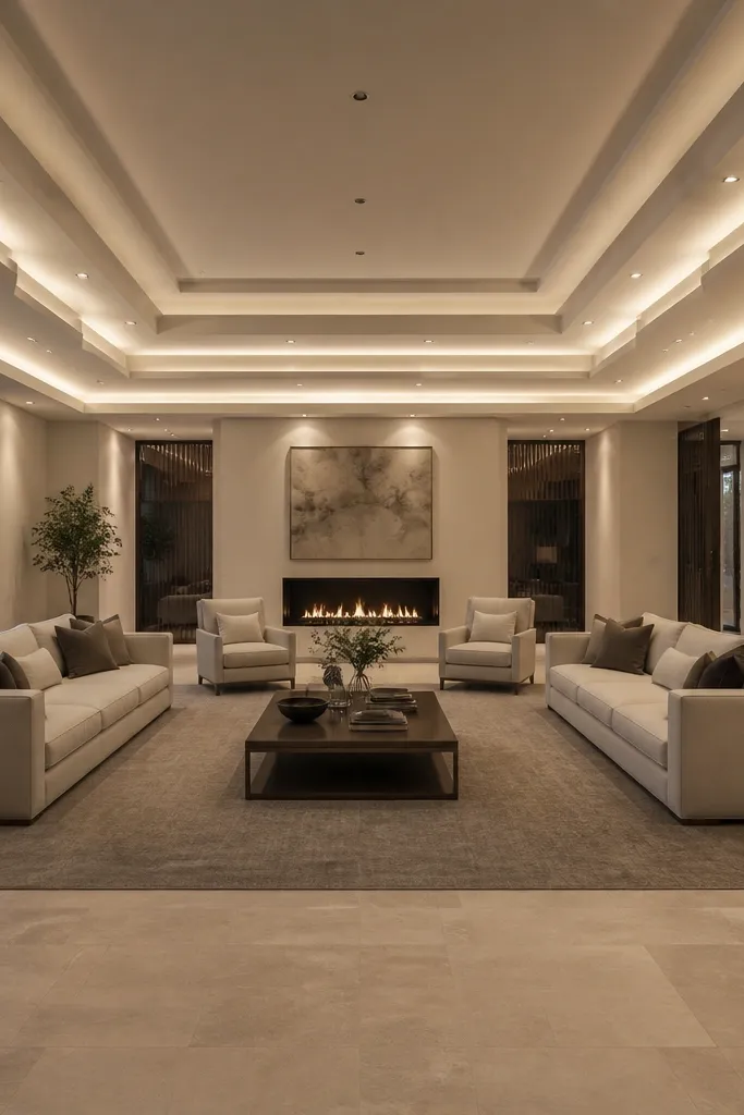 Ceiling border has stepped geometry with recessed downlights inside