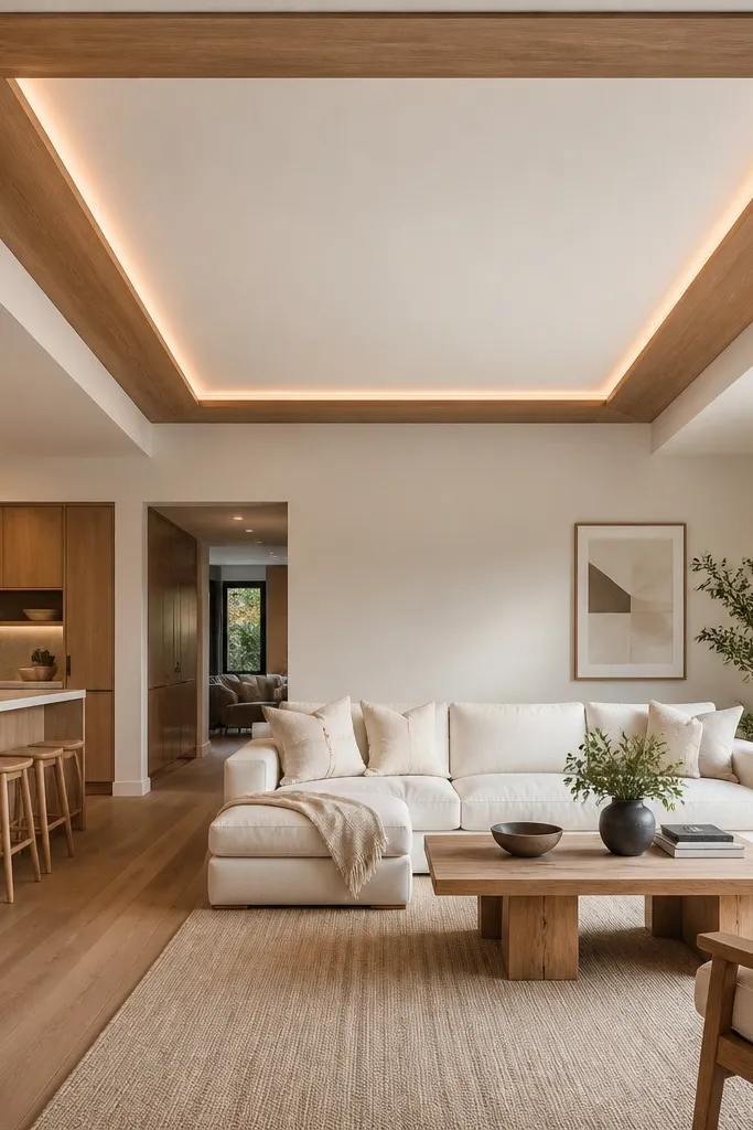 White ceiling with wood contrast frame panels and hidden LED glow
