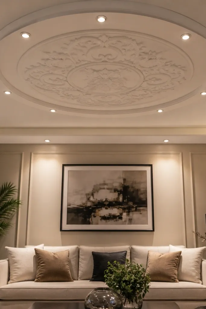 Ceiling with a centered round medallion and small recessed micro spotlights