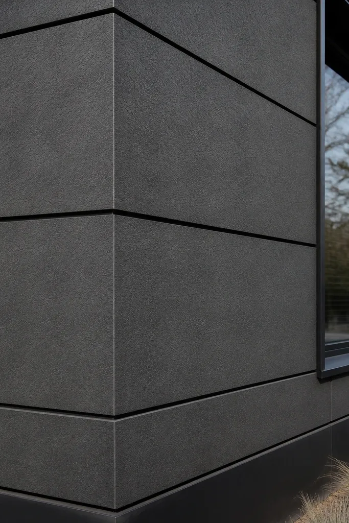 Charcoal board panels with thin dark gaps between them and black window trim