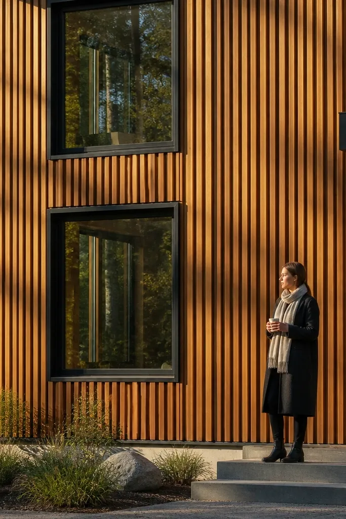 Warm cedar vertical slats on a modern house facade with simple black trim