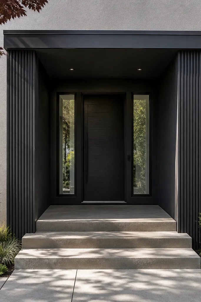 Modern boxed entry with fluted panels on the sides and flat roof overhang