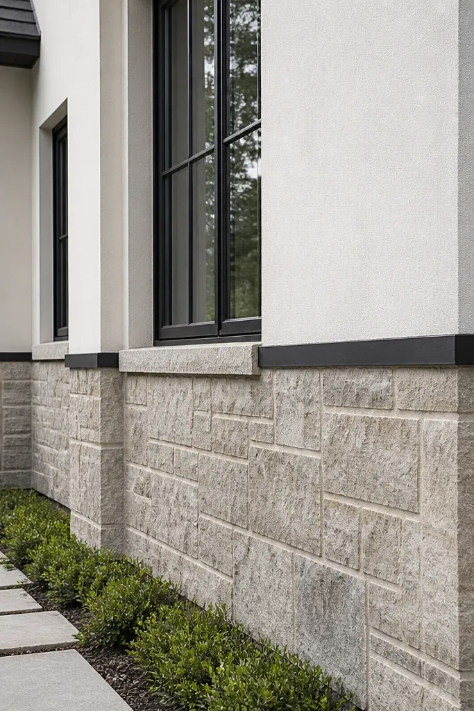 Stone veneer foundation with smooth plaster upper wall and simple black windows