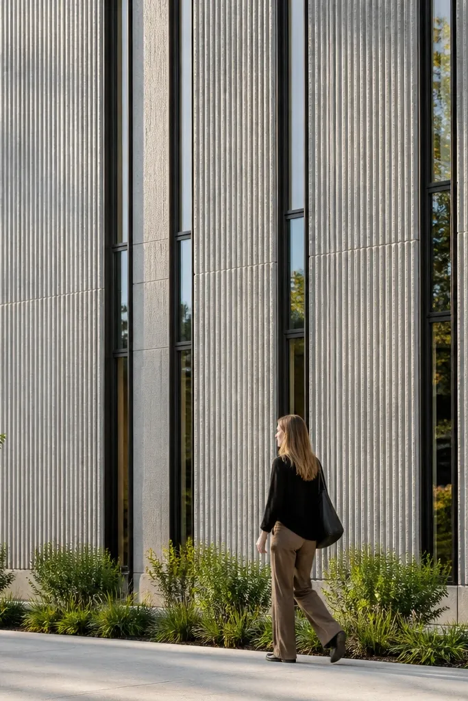 Concrete-look facade panels with tall narrow windows and dark trim