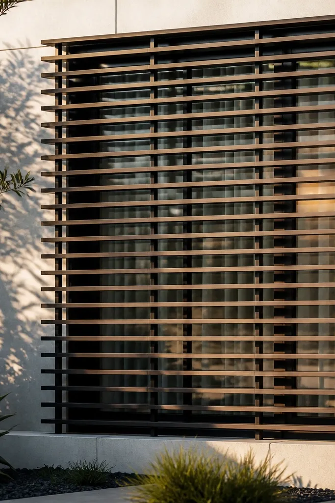 Wood or metal louvers screening a full-height front window with clean lines
