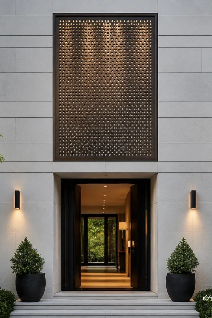 Perforated metal panel feature centered on a modern facade with matching trim