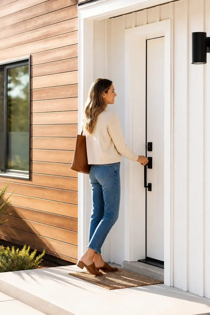 Warm wood board-and-batten entry wall with white trim and modern black door
