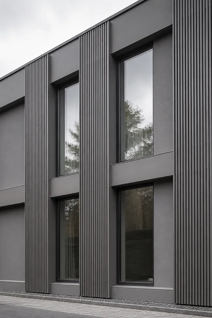 Monochrome gray facade with vertical metal fins lining up with window bays