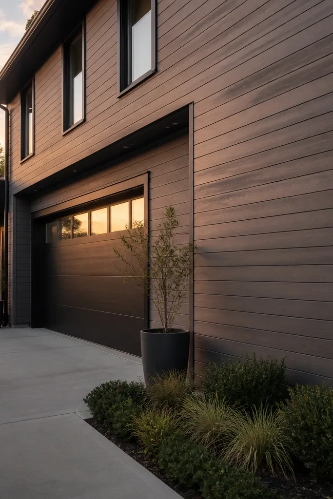 Horizontal cedar siding with a recessed garage bay and dark trim
