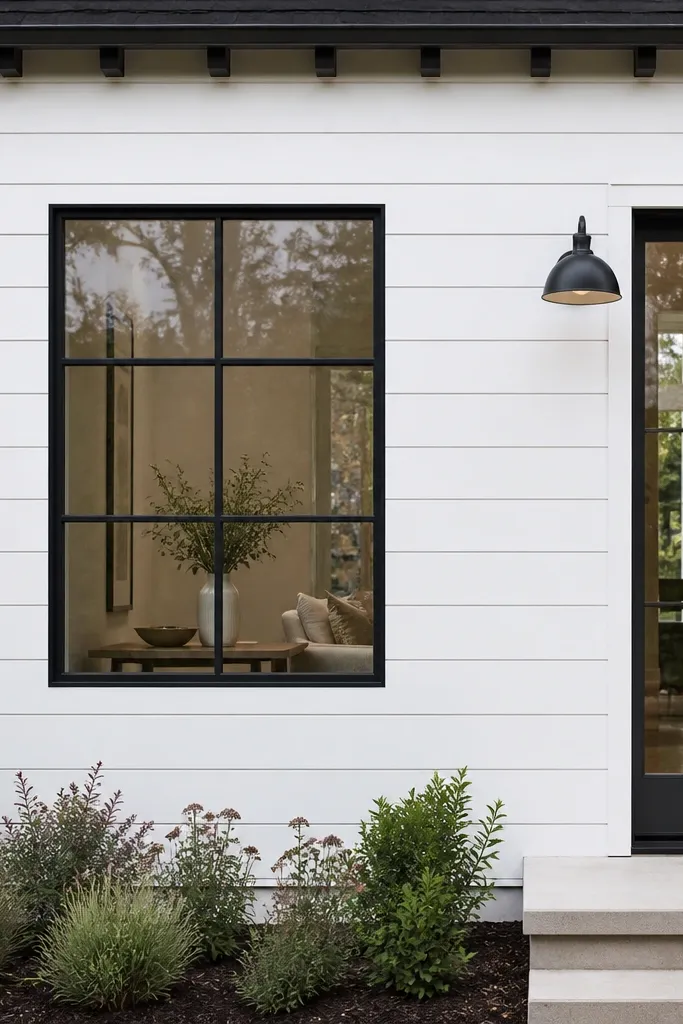 White shiplap panels with black steel window frames and a simple modern door