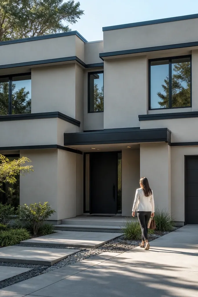 Light stucco facade with thin horizontal aluminum trim caps under windows