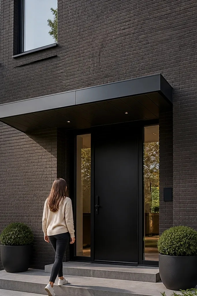 Dark brick facade with a modern cantilevered flat canopy over the entry