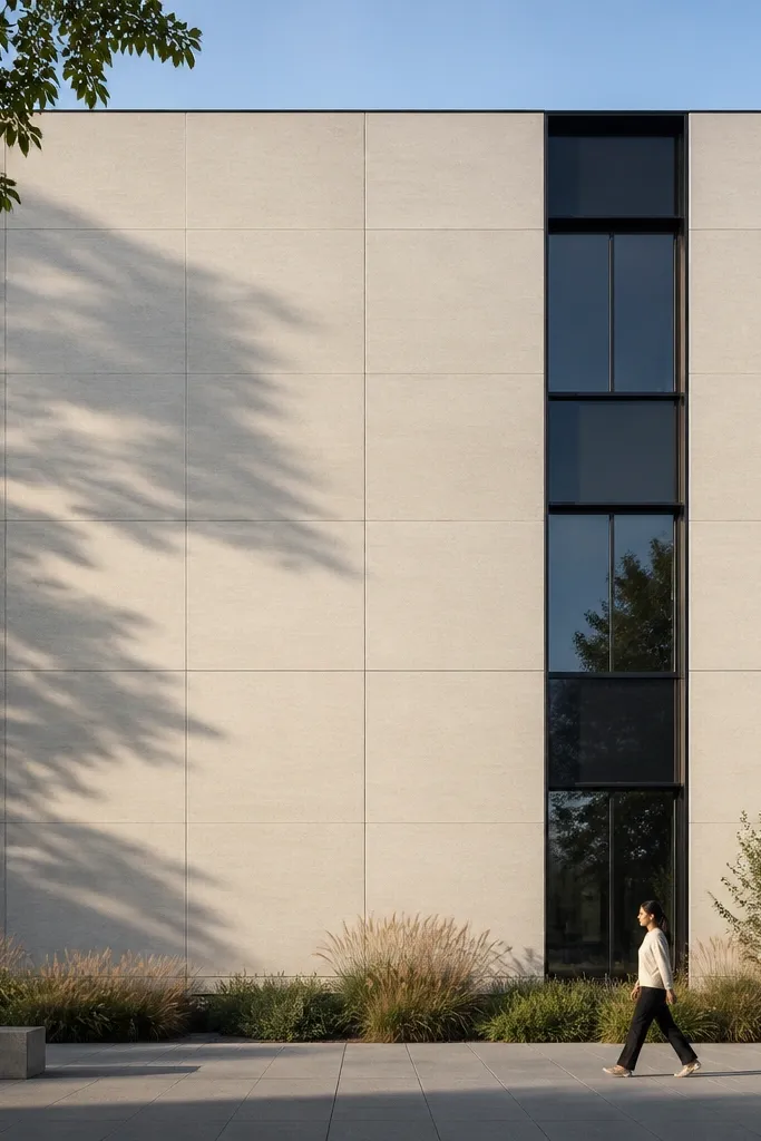 Large-format light porcelain panels on a modern facade with thin dark joints