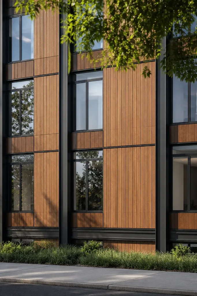 Mid-century inspired wood panels with black vertical trim rails and modern window layout
