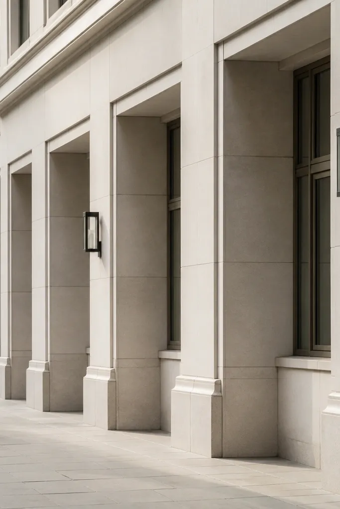 Limestone-look facade with deep recessed window frames and light gray trim