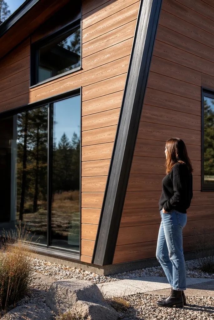 Wood board facade with a diagonal accent panel at the corner and modern black trim
