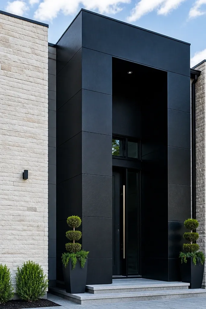 Monolithic black entry tower with light stone cladding on the surrounding facade