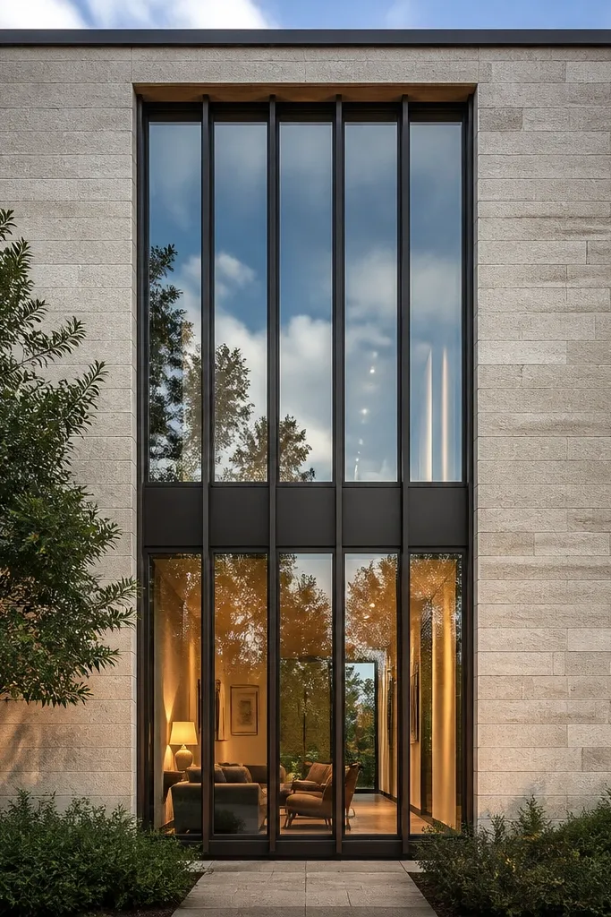 Two-story tall glass windows with slim metal mullions and minimal facade cladding