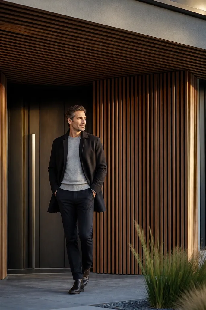 Modern facade with matching horizontal slats on the wall and soffit under the porch
