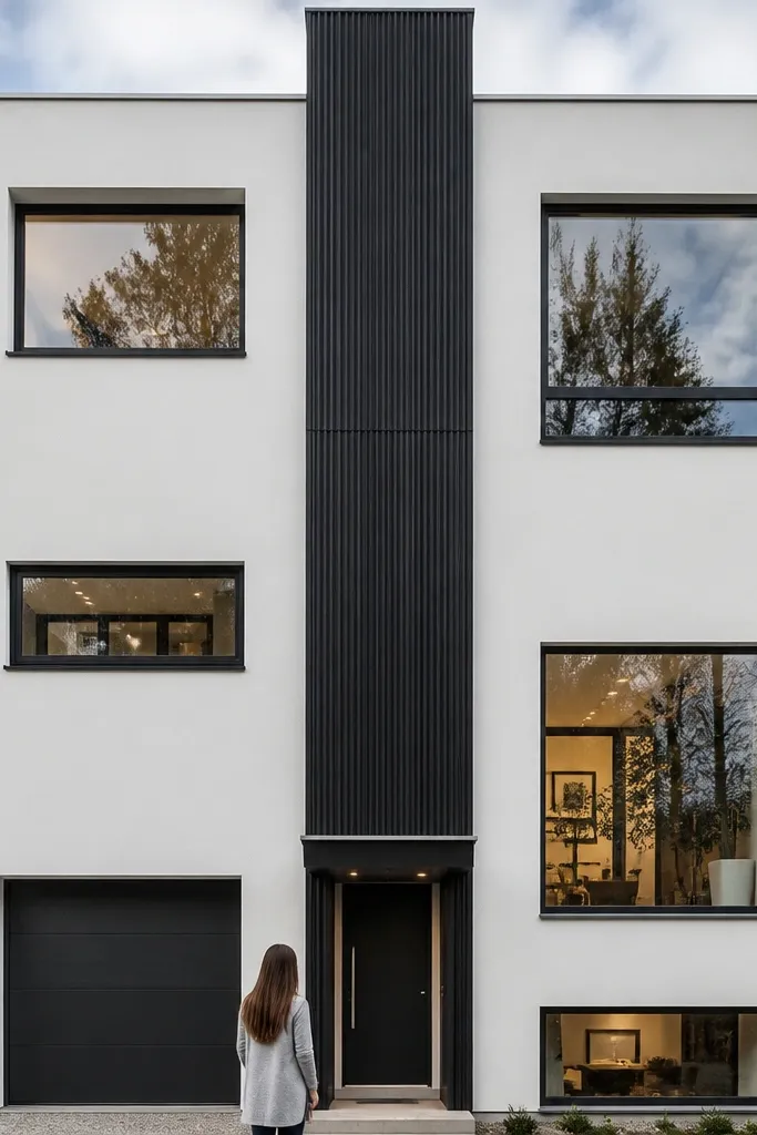 Matte white facade panels with one tall dark vertical strip and clean entry