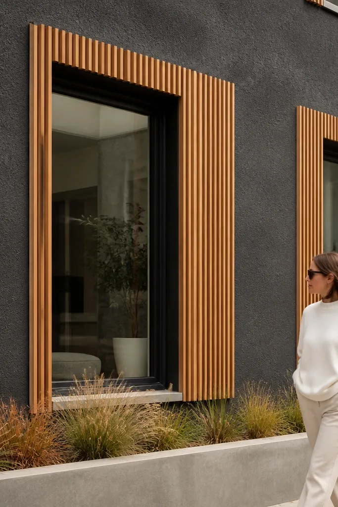 Charcoal stucco facade with vertical wood battens framing window openings