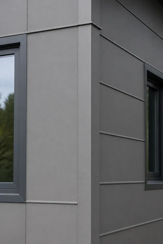 Steel-gray fiber cement siding with chamfered trim around windows and corners