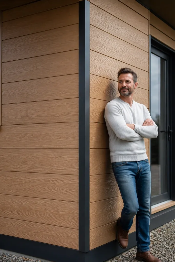 Light oak colored cladding with black metal corner guards and modern windows