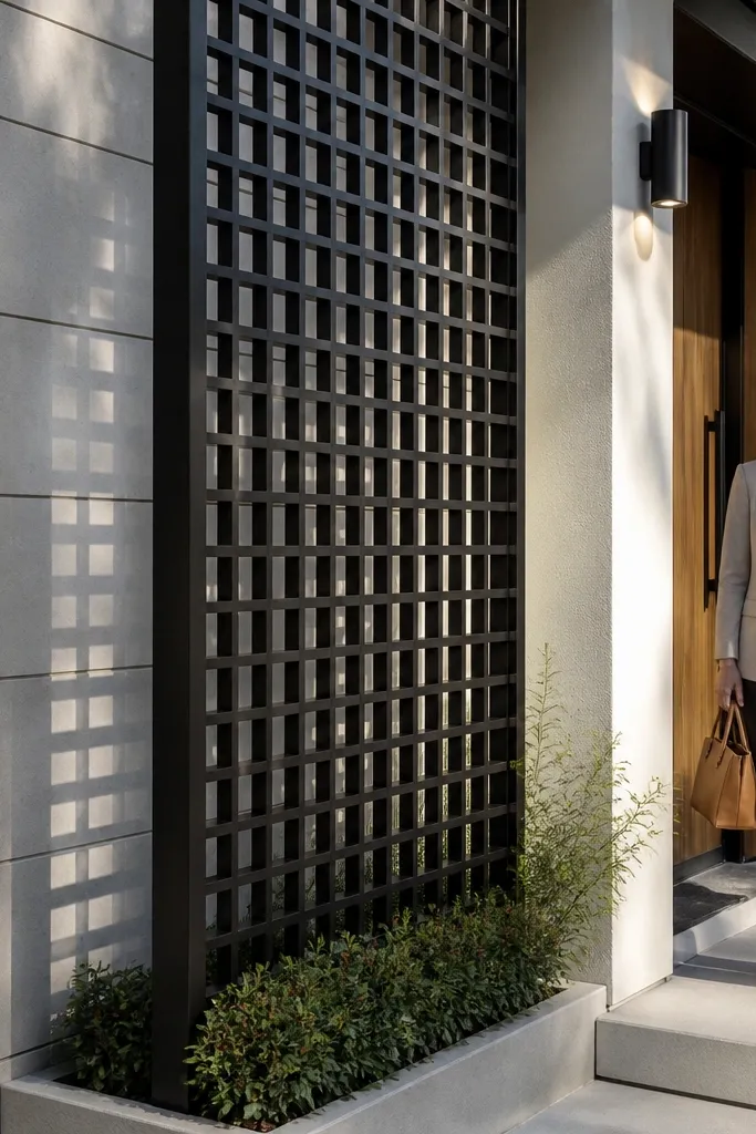 Modern lattice privacy wall next to the entry with dark frames and simple siding