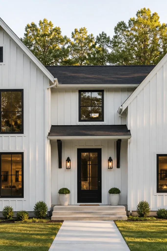 Vertical board-and-batten facade with hidden gutter line and modern black trim