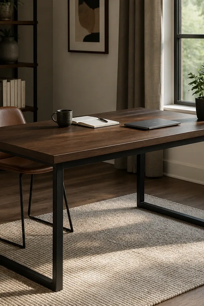 Walnut-look desk top with matte black steel legs and a neat cable channel