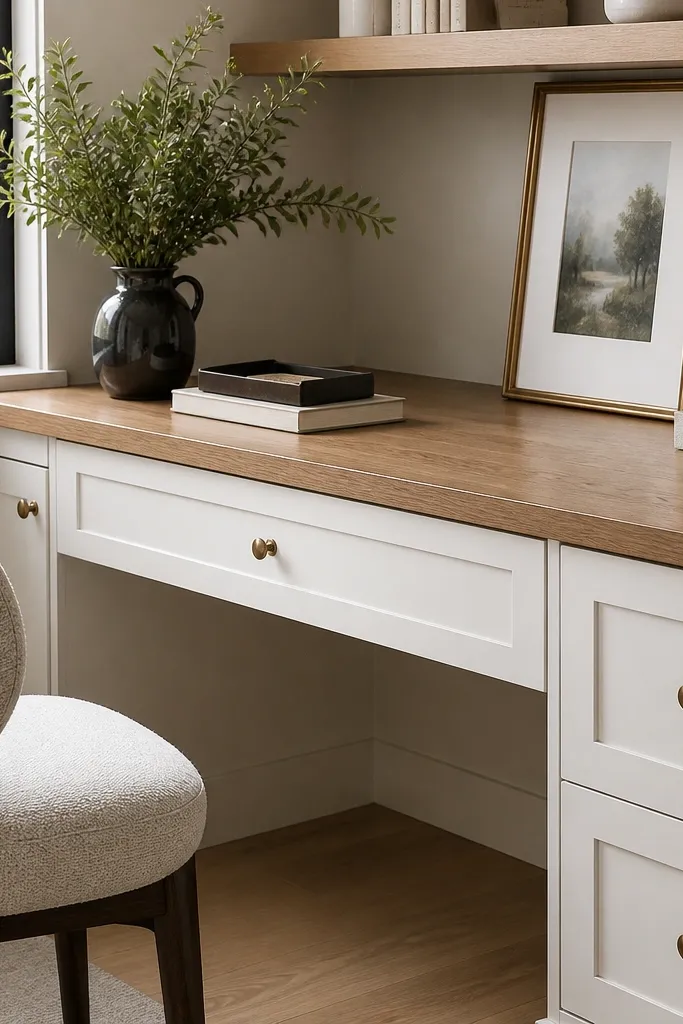 Light oak desk with a white drawer front and clean recessed panels