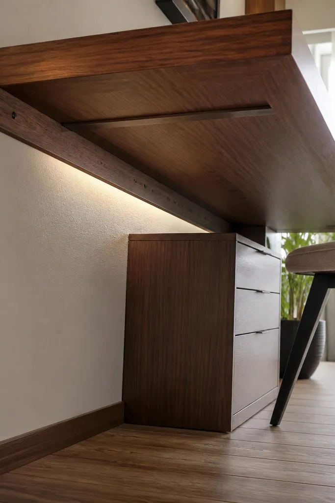 Wall-mounted floating desk with a hidden shelf and tidy underside