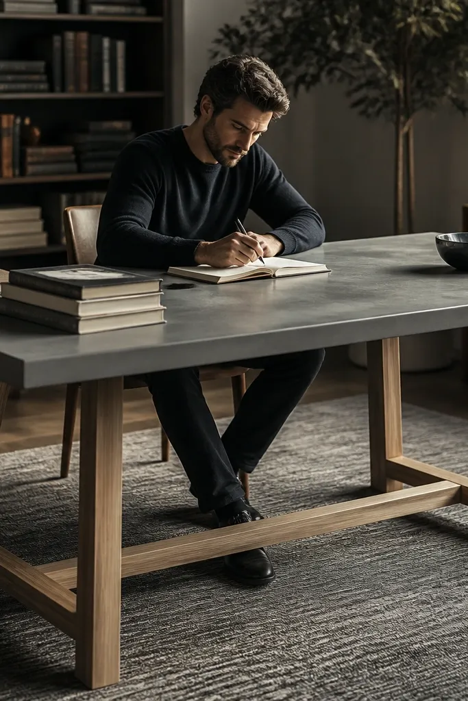 Concrete-look desk top with warm wood legs and soft matte finish