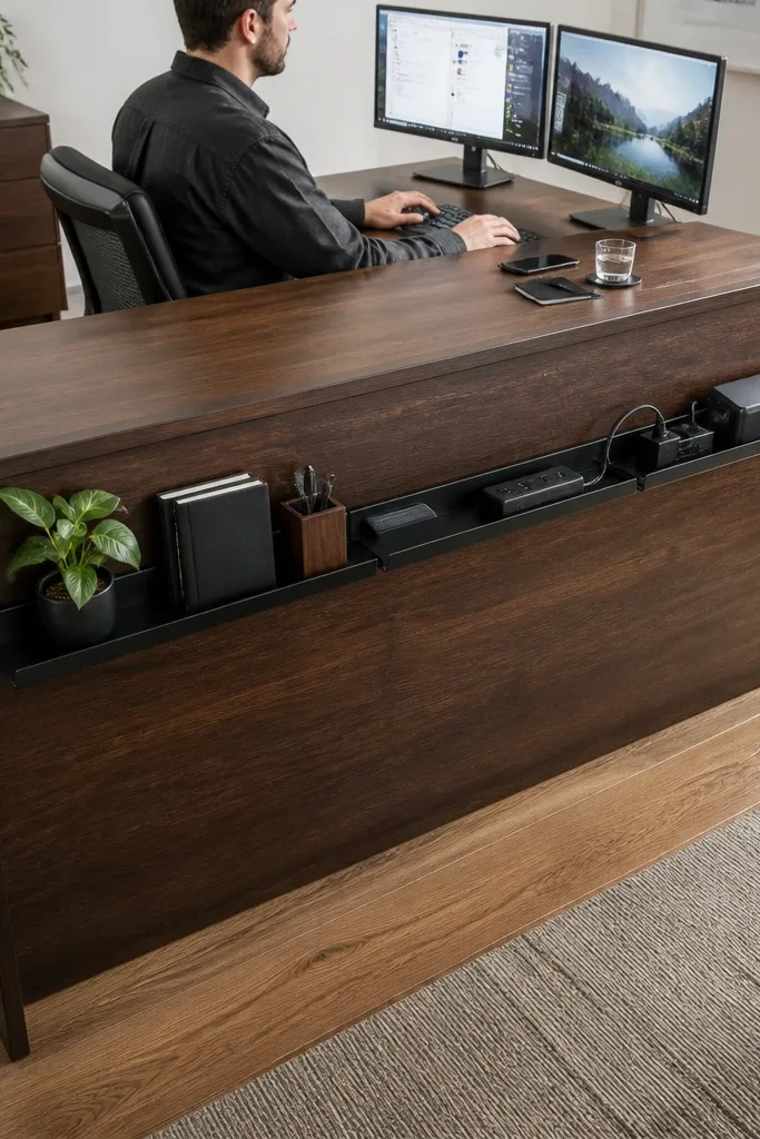 Walnut-stained desk with a back cable tray and French cleat rail