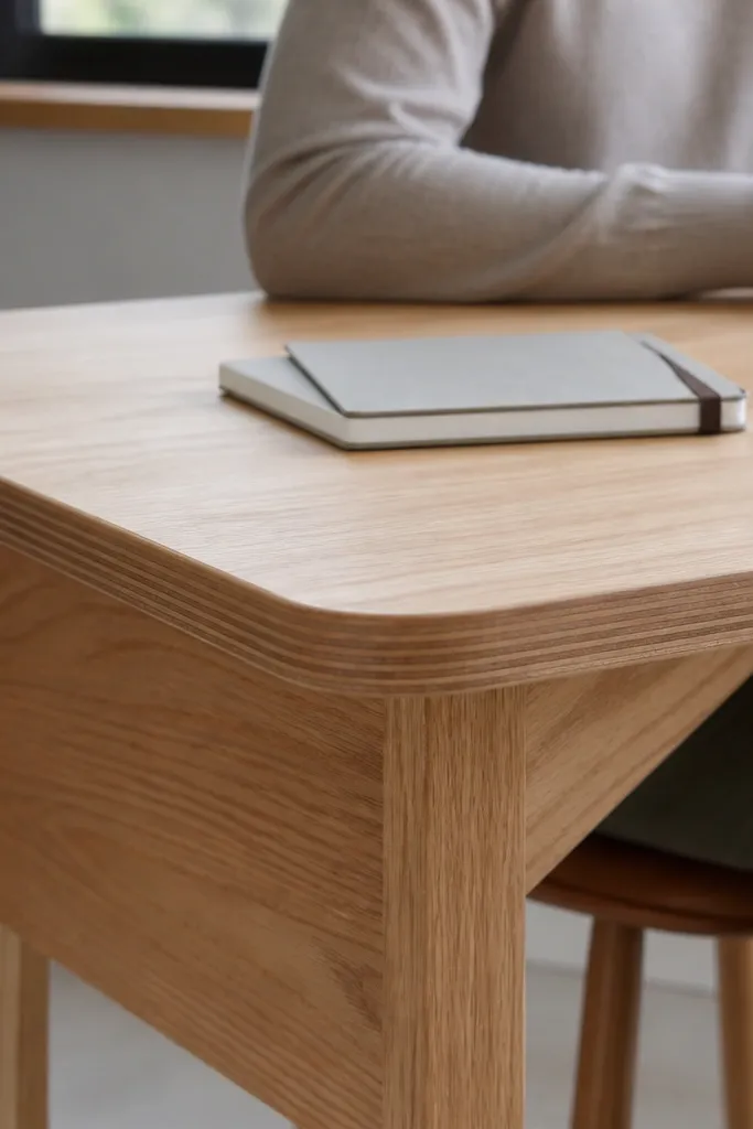 Rounded-edge desk top with veneer grain and minimal modern base