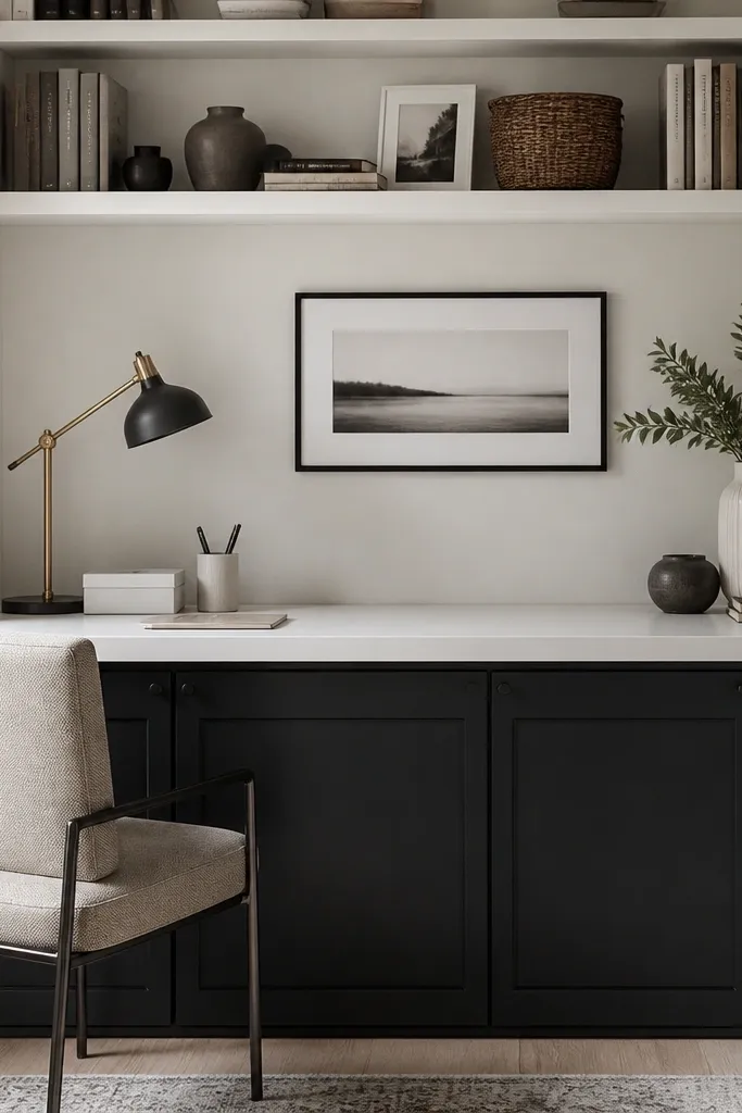 White top shelf desk with dark cabinet base and tidy door fronts
