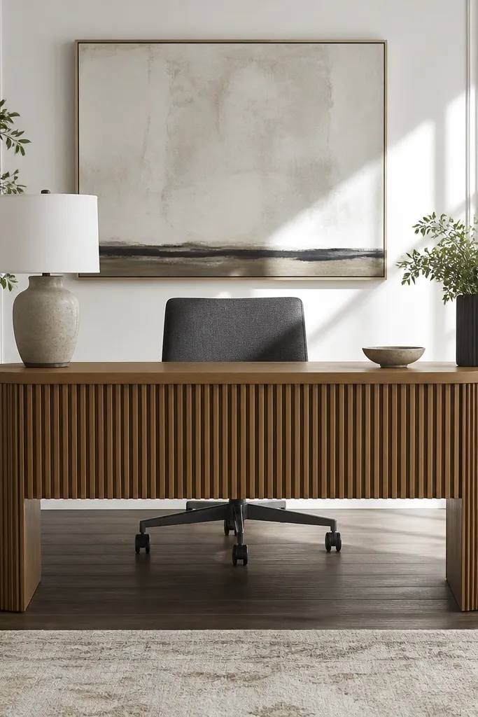 Desk with slatted front panel and warm wood top