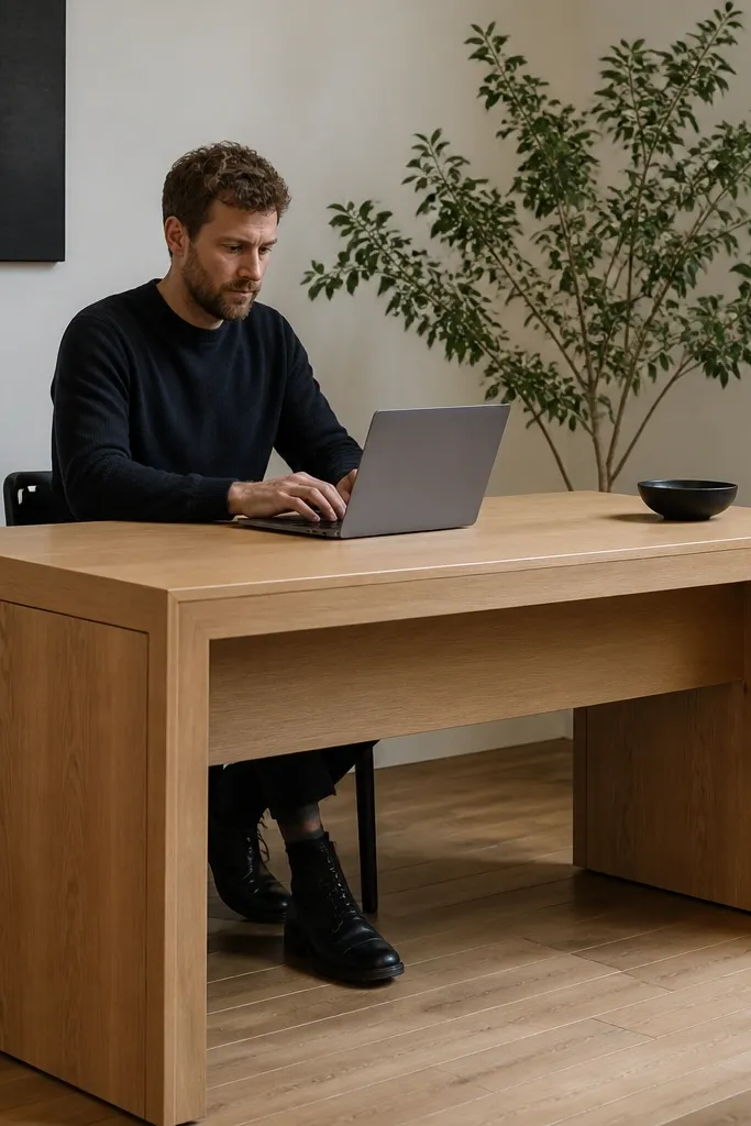 Minimal desk with trim strips creating a mitered frame look