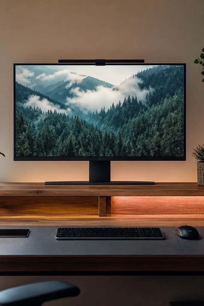 Desk with built-in monitor riser and subtle backlight behind the top