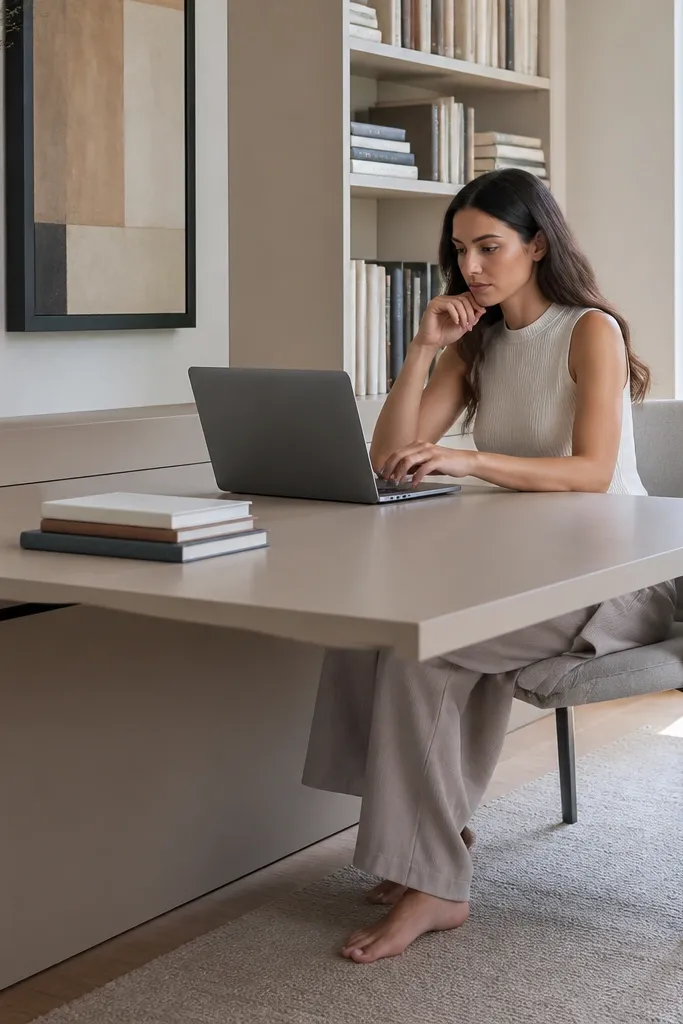 Desk with a fold-out side shelf that stays flush when closed
