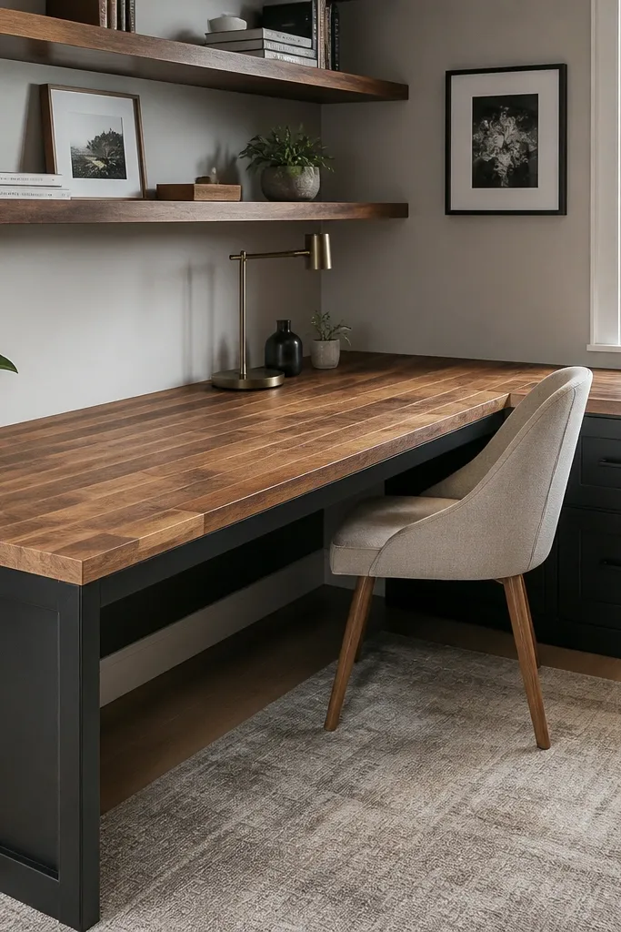 Reclaimed wood desk top with crisp black trim and clean drawer edges