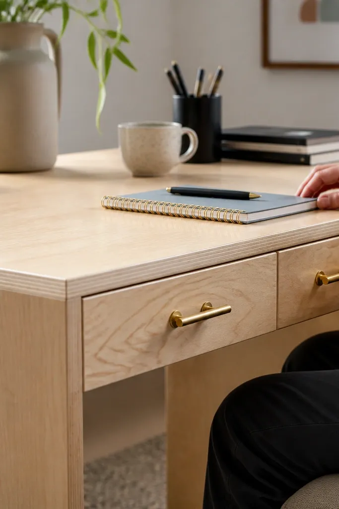 Birch plywood desk with clear finish and brass hardware on drawers
