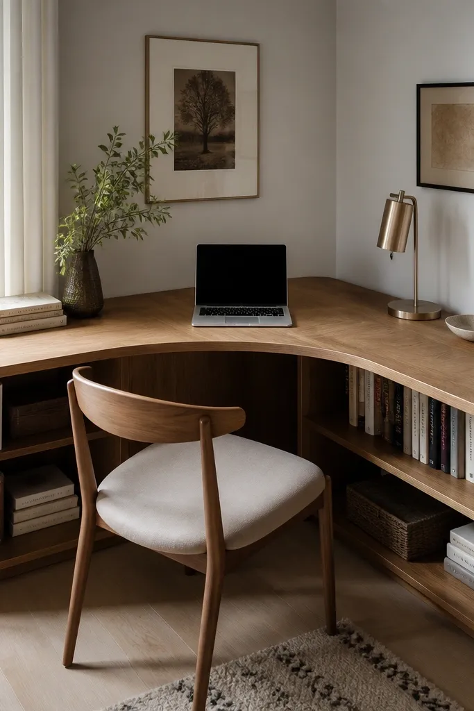 Corner study desk with rounded inset top and storage under the shelf