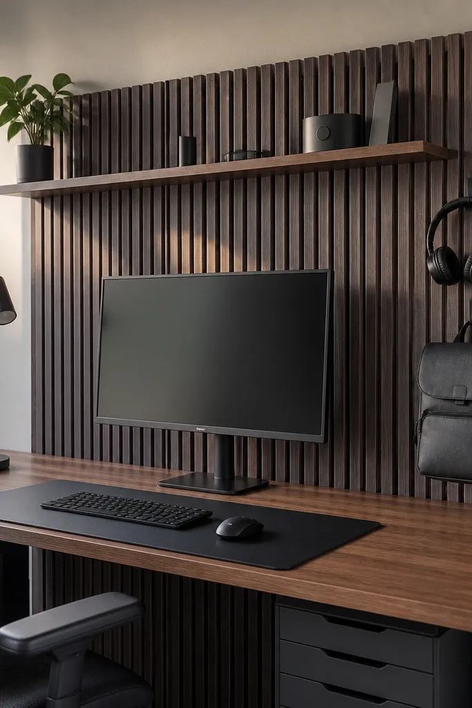 Desk with vertical slat back panel and small shelves and hooks