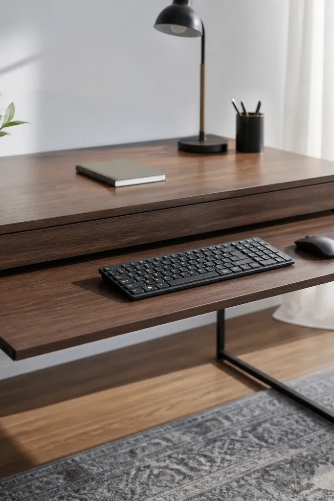 Slim desk with a pull-out keyboard tray hidden under the tabletop
