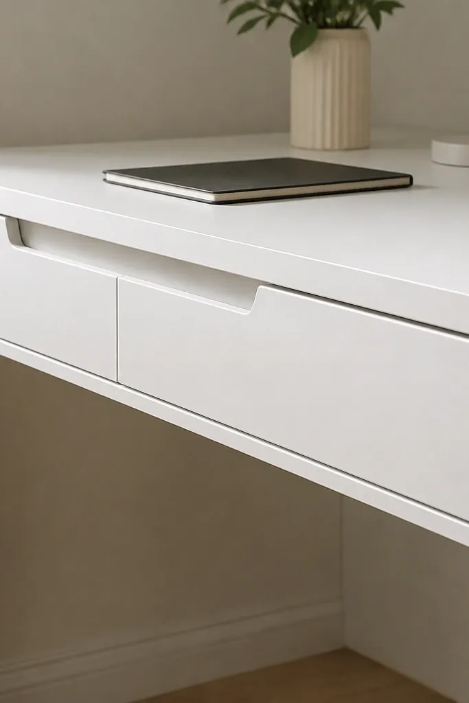 Matte white desk with drawers that open via recessed handle channels