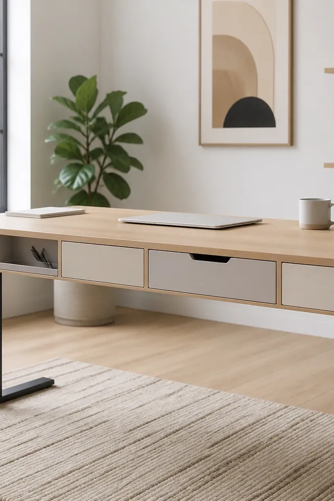 Modular desk with panel slots and clean removable storage pieces